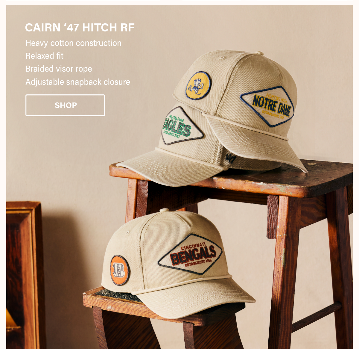 CAIRN '47 HITCH RF | Heavy cotton construction Relaxed fit Braided visor rope Adjustable snapback closure | SHOP