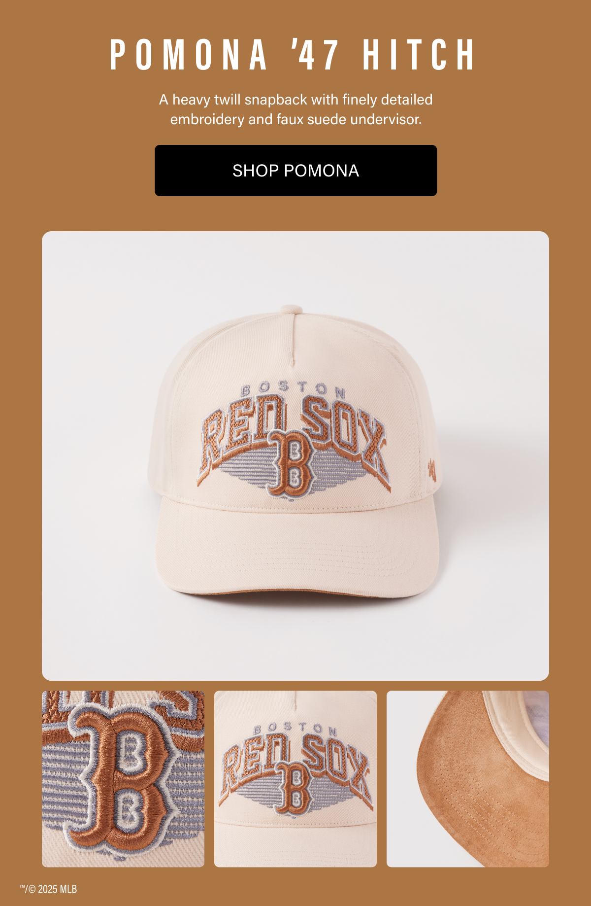 POMONA ’47 HITCH - A heavy twill snapback with finely detailed embroidery and faux suede undervisor. SHOP POMONA