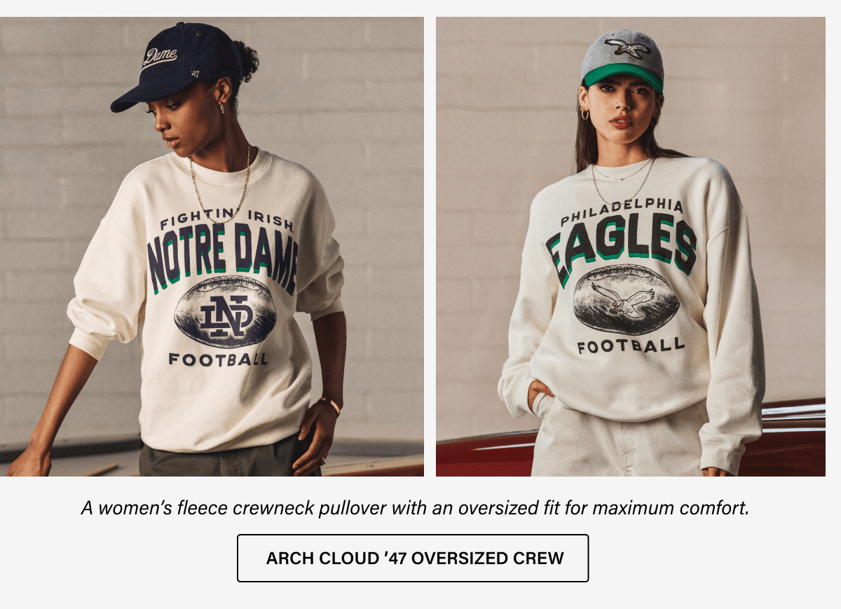 A women's fleece crewneck pullover with an oversized fit for maximum comfort. ARCH CLOUD '47 OVERSIZED CREW
