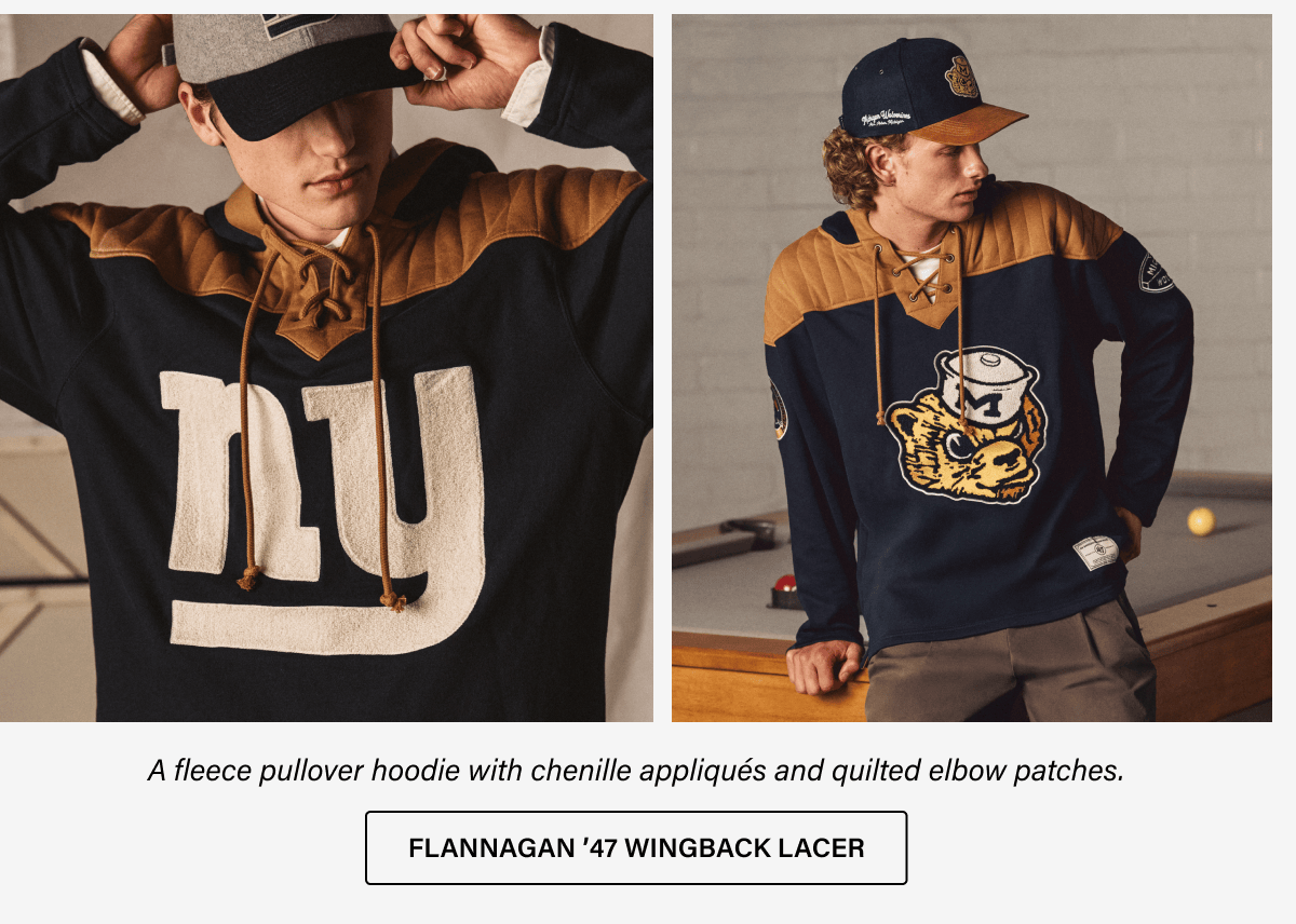 A fleece pullover hoodie with chenille appliqués and quilted elbow patches. FLANNAGAN '47 WINGBACK LACER