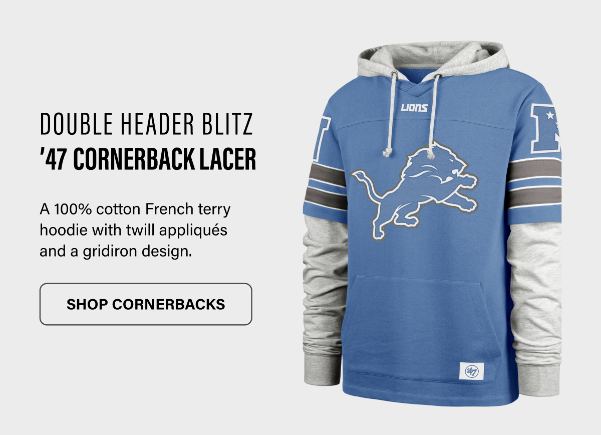 DOUBLE HEADER BLITZ '47 CORNERBACK LACER A 100% cotton French terry hoodie with twill appliqués and a gridiron design. SHOP CORNERBACKS