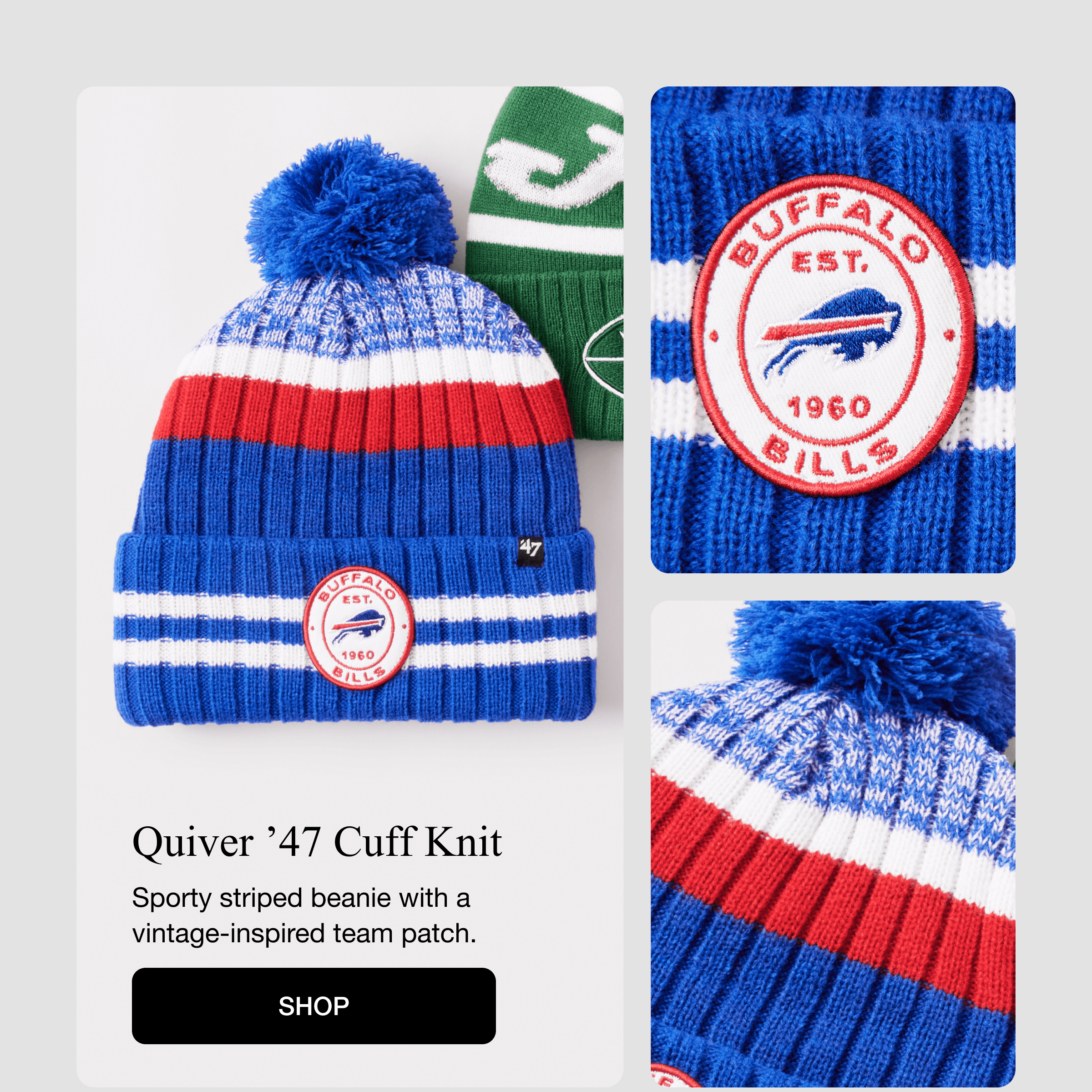 Quiver ’47 Cuff Knit - Sporty striped beanie with a vintage-inspired team patch. SHOP