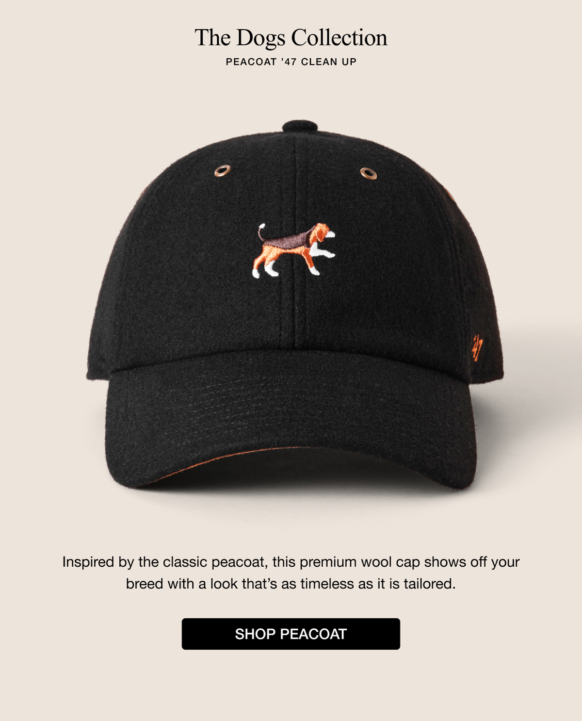 The Dogs Collection PEACOAT '47 CLEAN UP | Inspired by the classic peacoat, this premium wool cap shows off your breed with a look that's as timeless as it is tailored. SHOP PEACOAT