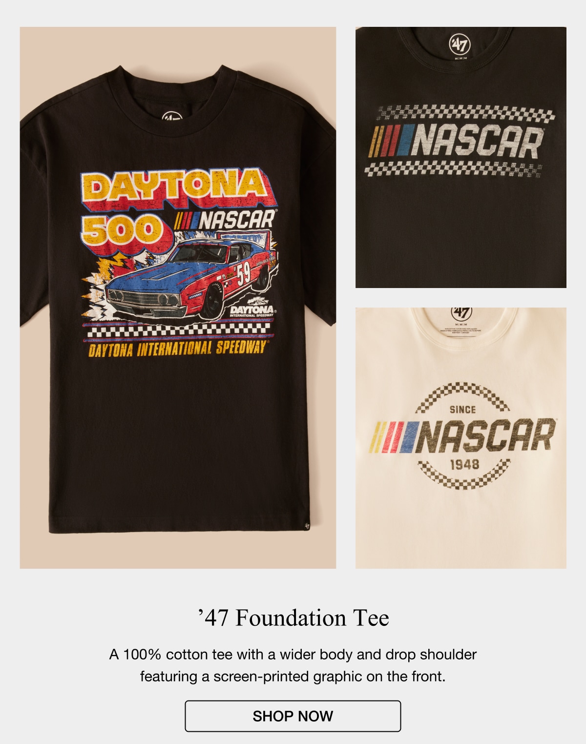 '47 Foundation Tee A 100% cotton tee with a wider body and drop shoulder featuring a screen-printed graphic on the front. SHOP NOW
