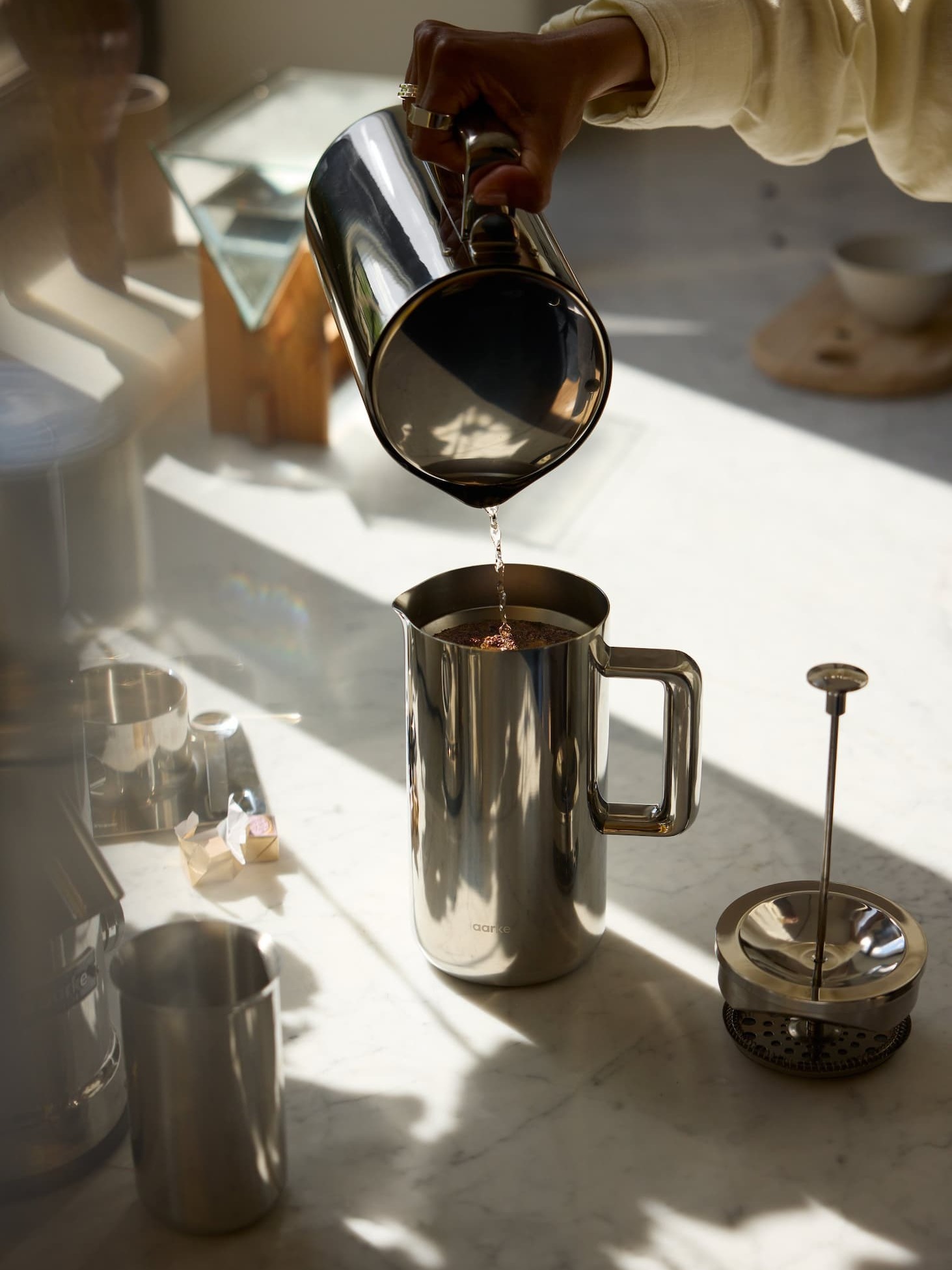 French Press in stainless steel with kettle