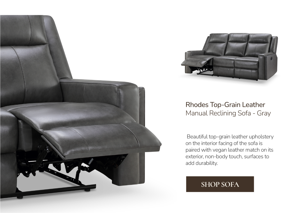 Rhodes Top-Grain Leather Manual Reclining Sofa - Gray