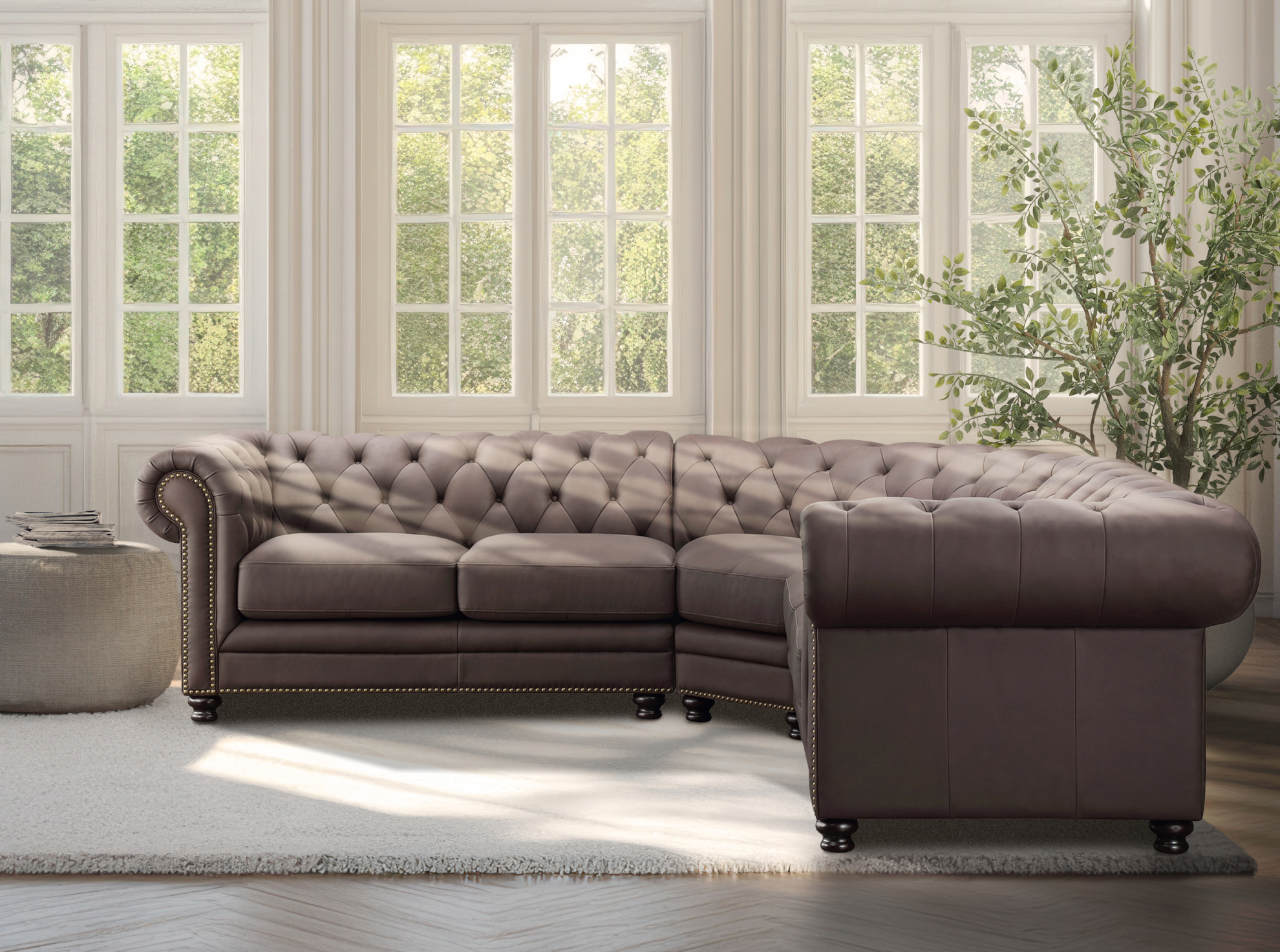 Culver 3pc Leather Chesterfield Sectional, Brown