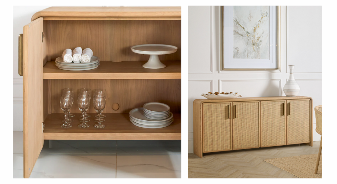 JoJo Fletcher Pauline Oak & Natural Cane 4 Door Sideboard 72"W - Blonde