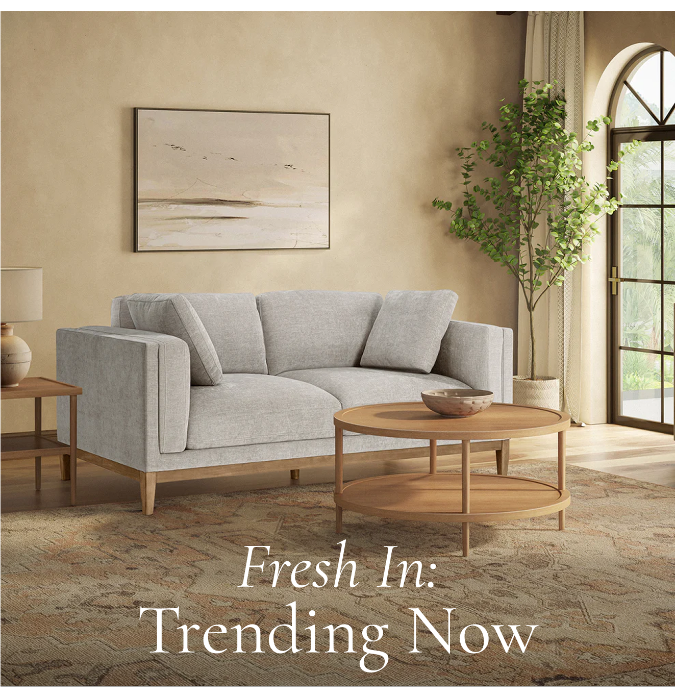 Renee Fabric Sofa with Wood Base, Light Gray