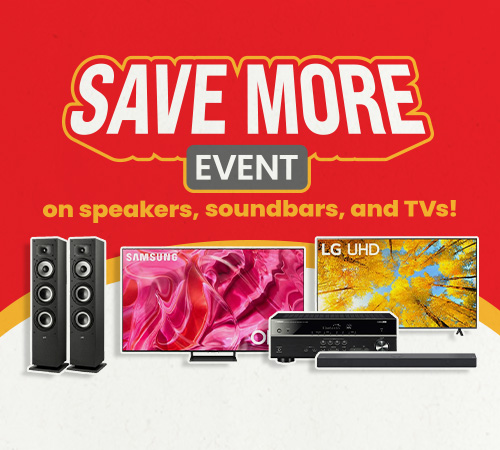 Save More Event featuring speakers, soundbars, and TVs with stacked savings on select home entertainment products during the ABC Warehouse sale.