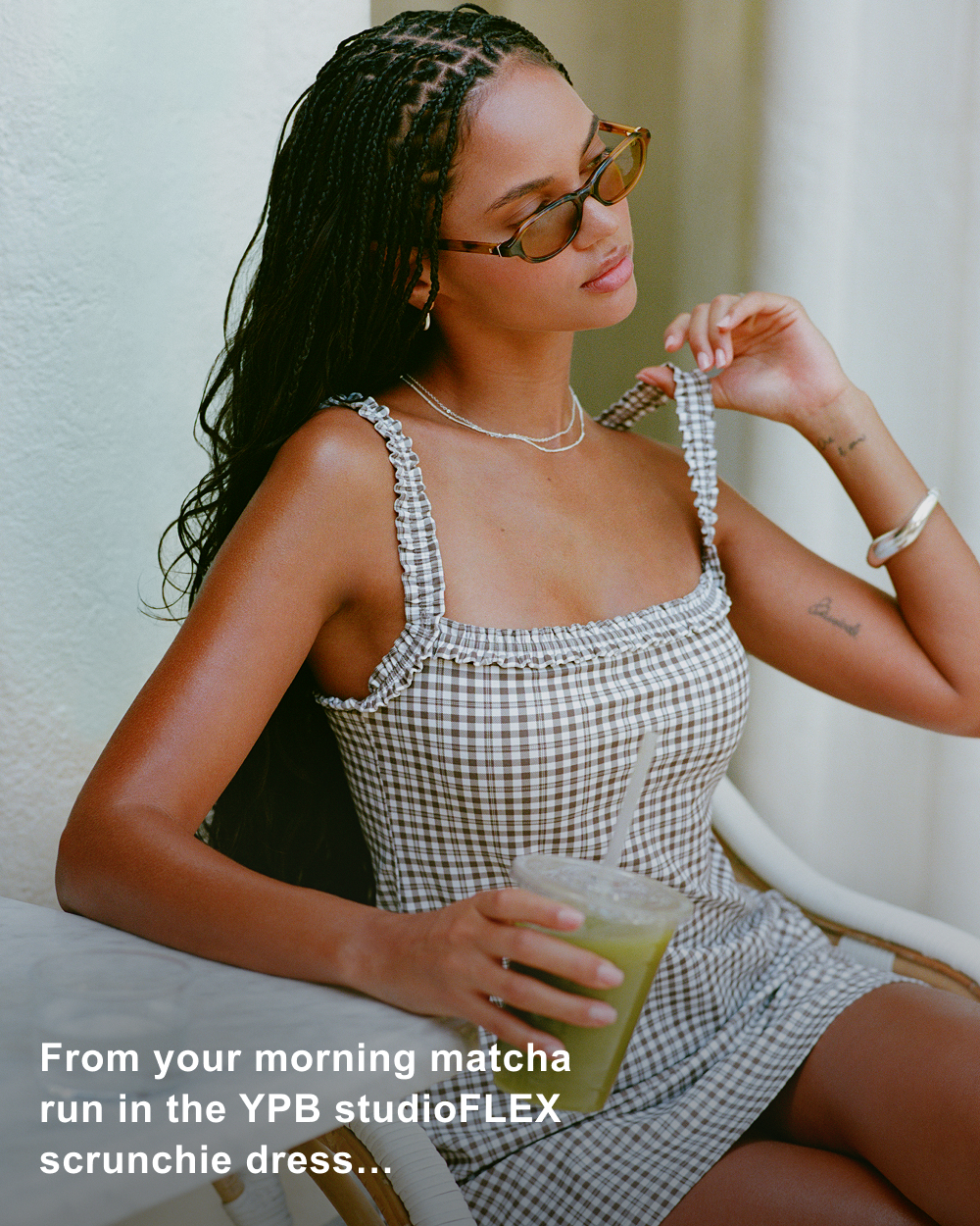 From your morning matcha run in the YPB studioFLEX scrunchie dress…