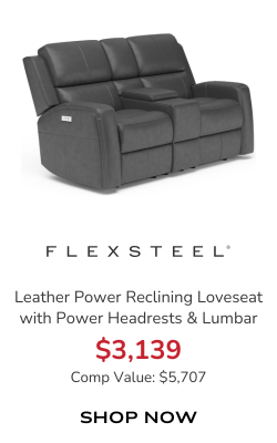 Flexsteel Linden Gray Leather Power Reclining Loveseat with Console & Power Headrests & Lumbar