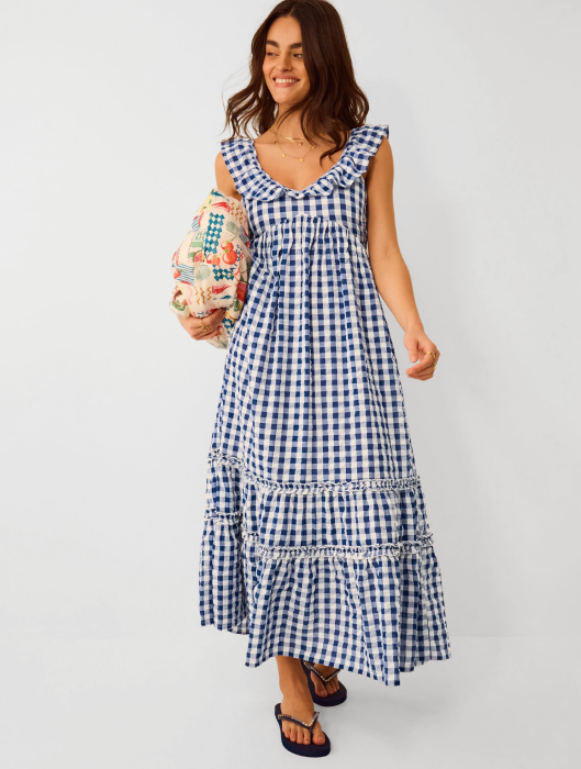 Gingham Print Ruffle Midi Dress Blue