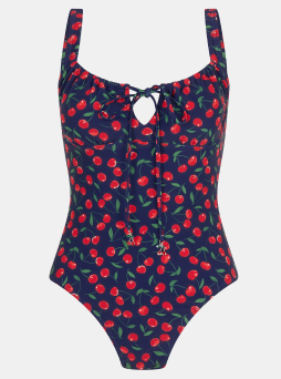 Cherry Print Tie Front Swimsuit Blue