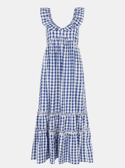 Gingham Print Ruffle Midi Dress Blue