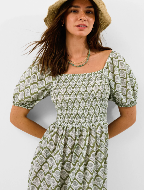 Floral Print Puff Sleeve Maxi Dress Green