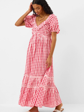 Gingham Print Puff Sleeve Maxi Dress Red