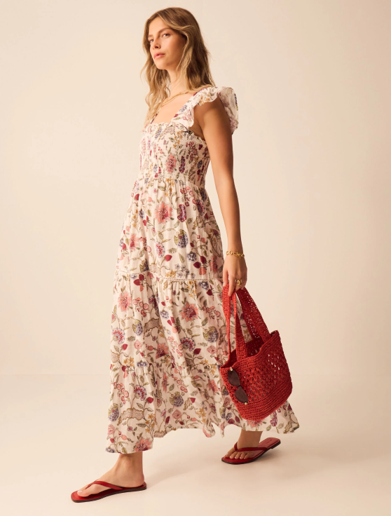 Floral Print Tiered Maxi Dress Ivory