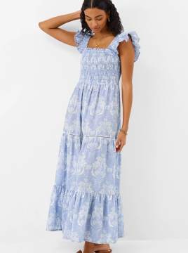 Feather Print Frill Midi Dress Blue