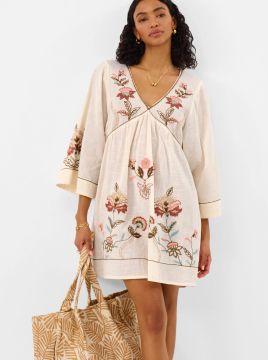 Floral Embroidered Mini Kaftan Ivory