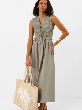 Tie Front Smocked Midi Dress Green