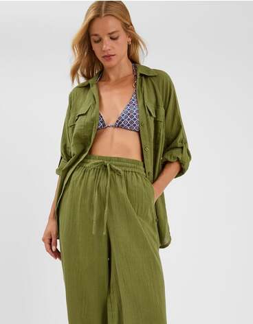 Long Sleeve Beach Cover Up Shirt Green