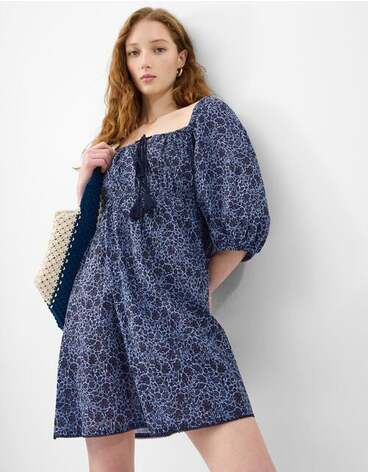 Floral Print Puff Sleeve Mini Dress Blue