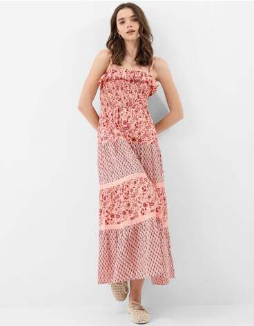 Mix Floral Print Smocked Maxi Dress Pink