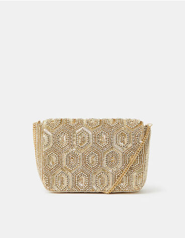 Embellished Fold Over Clutch Bag Gold