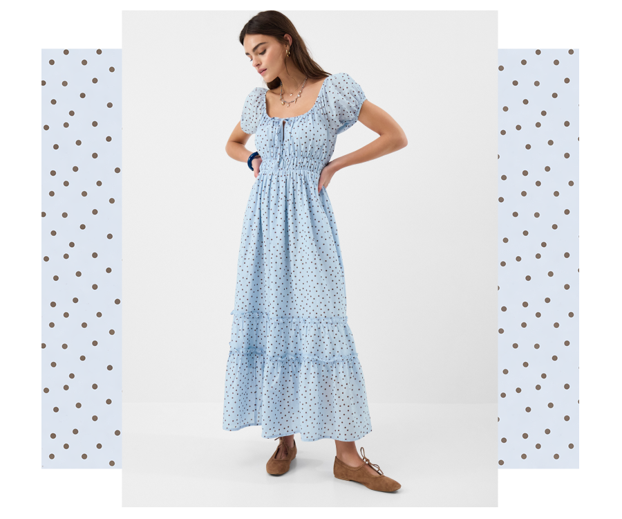 Polka Dot Puff Sleeve Midi Dress Blue
