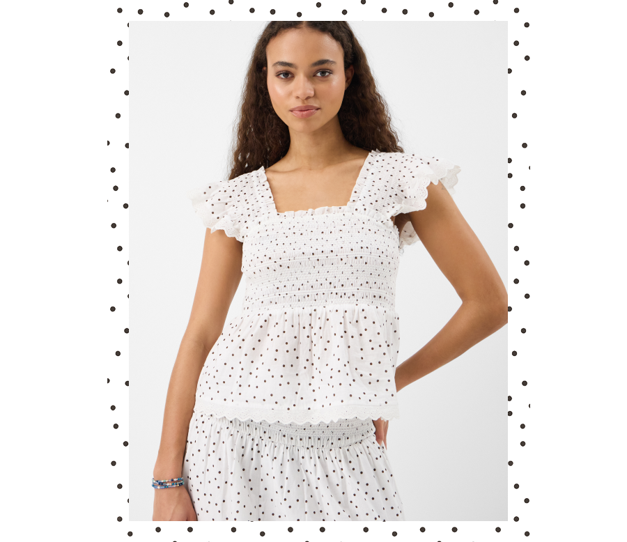 frill polka dot smocked top ivory