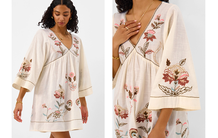 Floral Embroidered Mini Kaftan Ivory