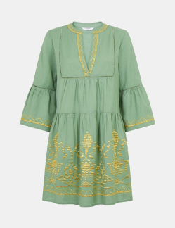 Embroidered Flute Sleeve Mini Dress Green