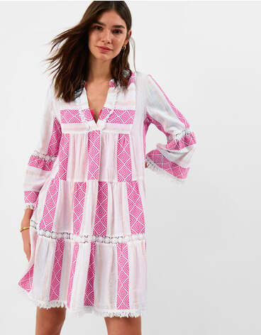 Flute Sleeve Jacquard Shimmer Mini Dress Pink