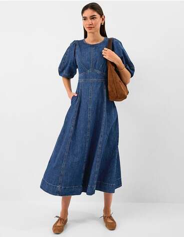 Puff Sleeve Denim Midi Dress Blue