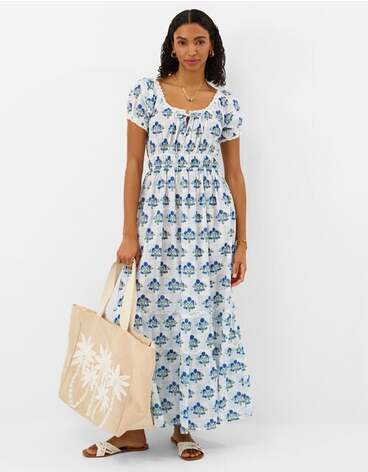 Floral Print Puff Sleeve Midi Dress Ivory