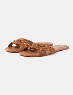 Woven Leather Slide Sandals Tan