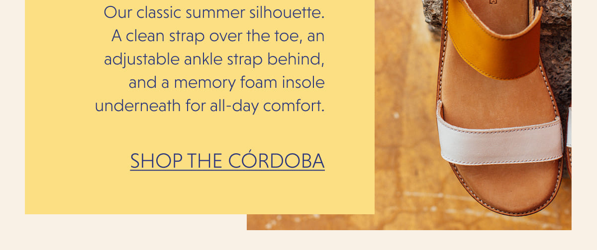 Our classic summer silhouette. A clean strap over the toe, an adjustable ankle strap behind, and a memory foam insole underneath for all-day comfort. 
