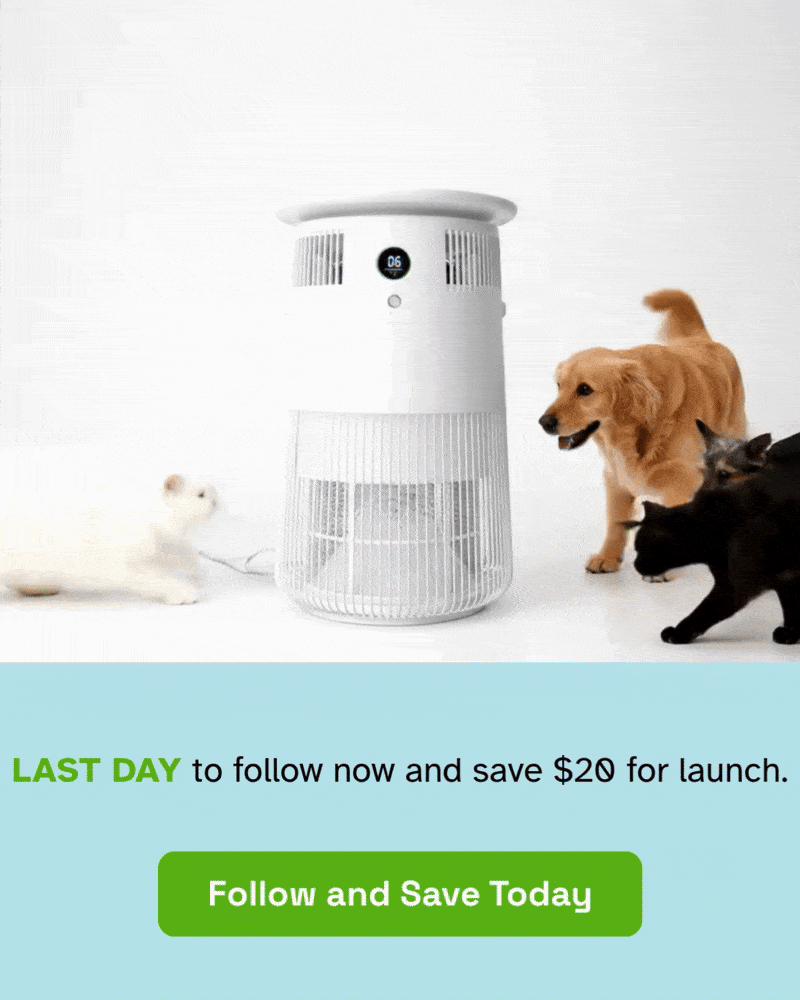 Airdog P50 pet air purifier with a dog and cat playing around the machine, with a button that says follow and save $20 today