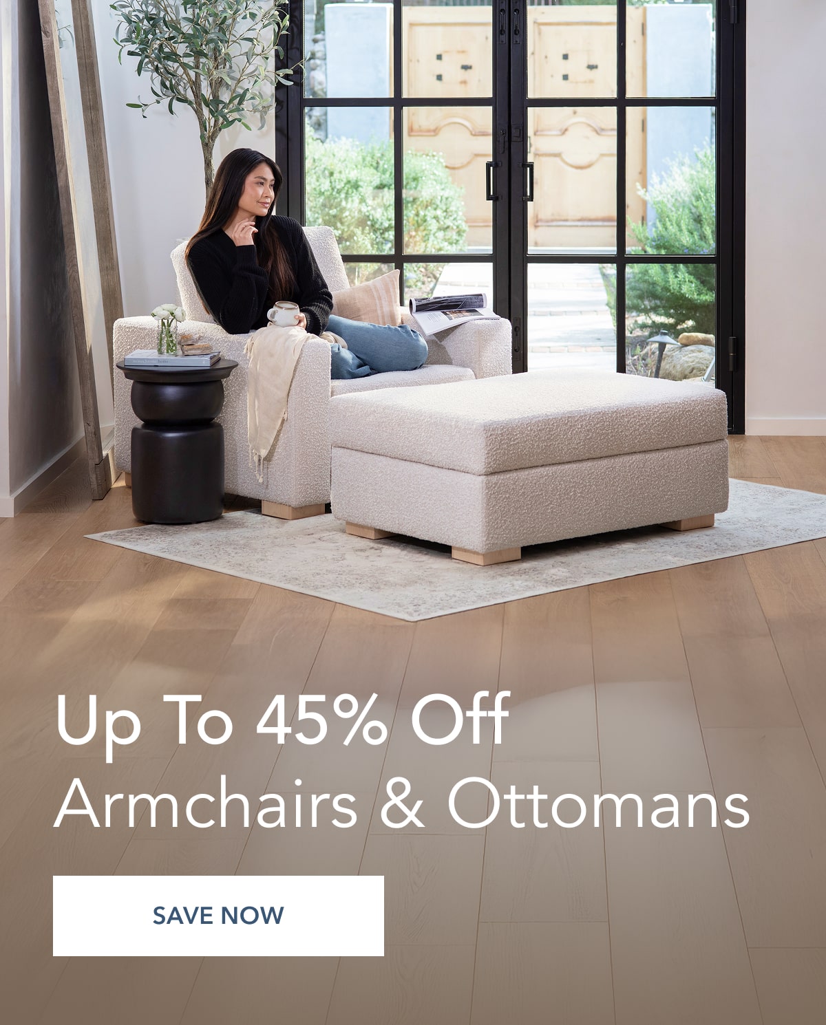 up to 45% off armchairs and ottomans