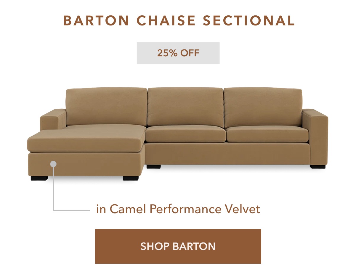 25% off. Barton Chaise Sectional in Camel Performance Velvet. Shop Barton