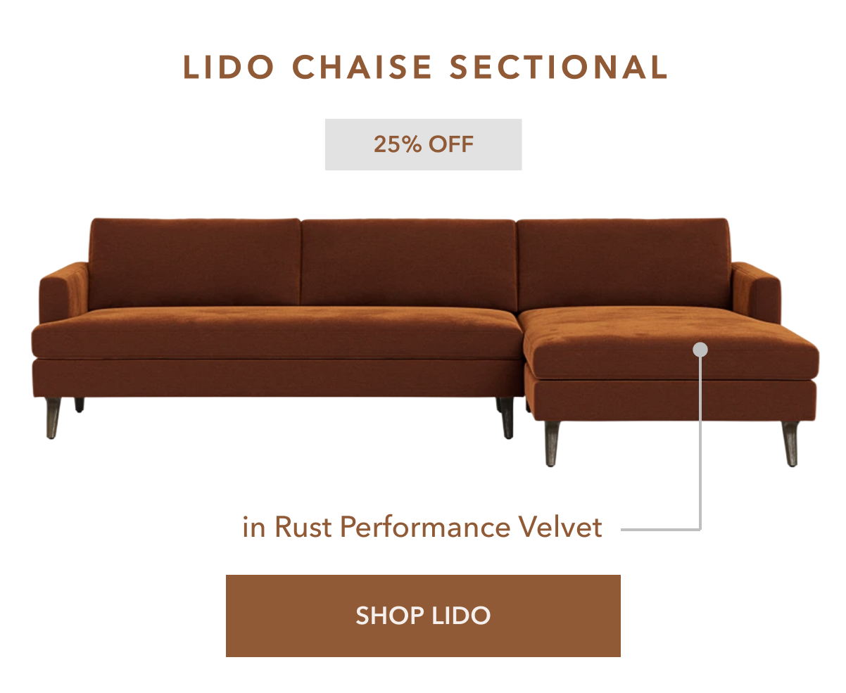 25% Off. Lido chaise sectional in Rust Performance Velvet. Shop Lido