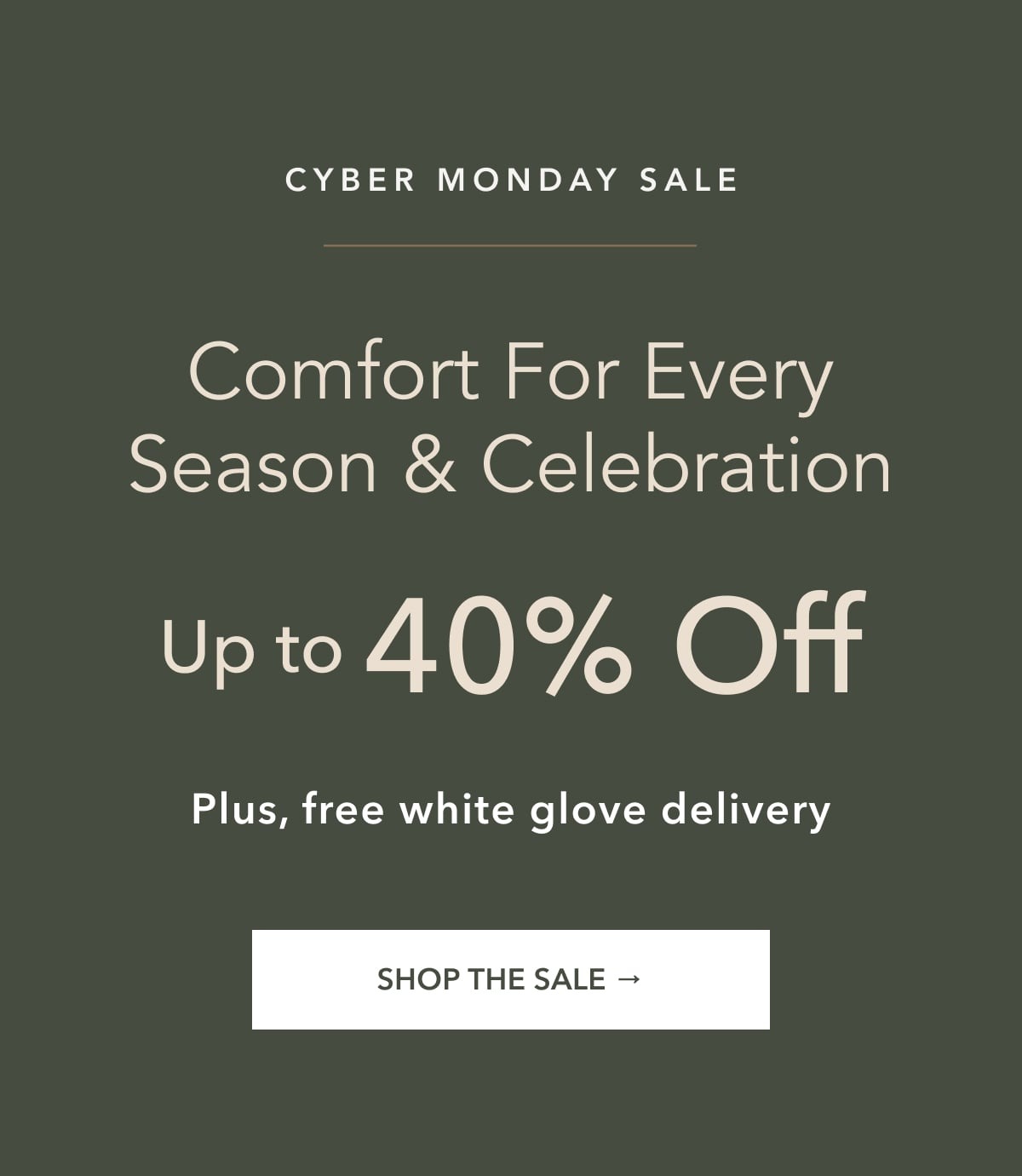 Cyber Monday Sale - Comfort For Every Season And Celebration. Up to 40% off. Plus, free white glove delivery.