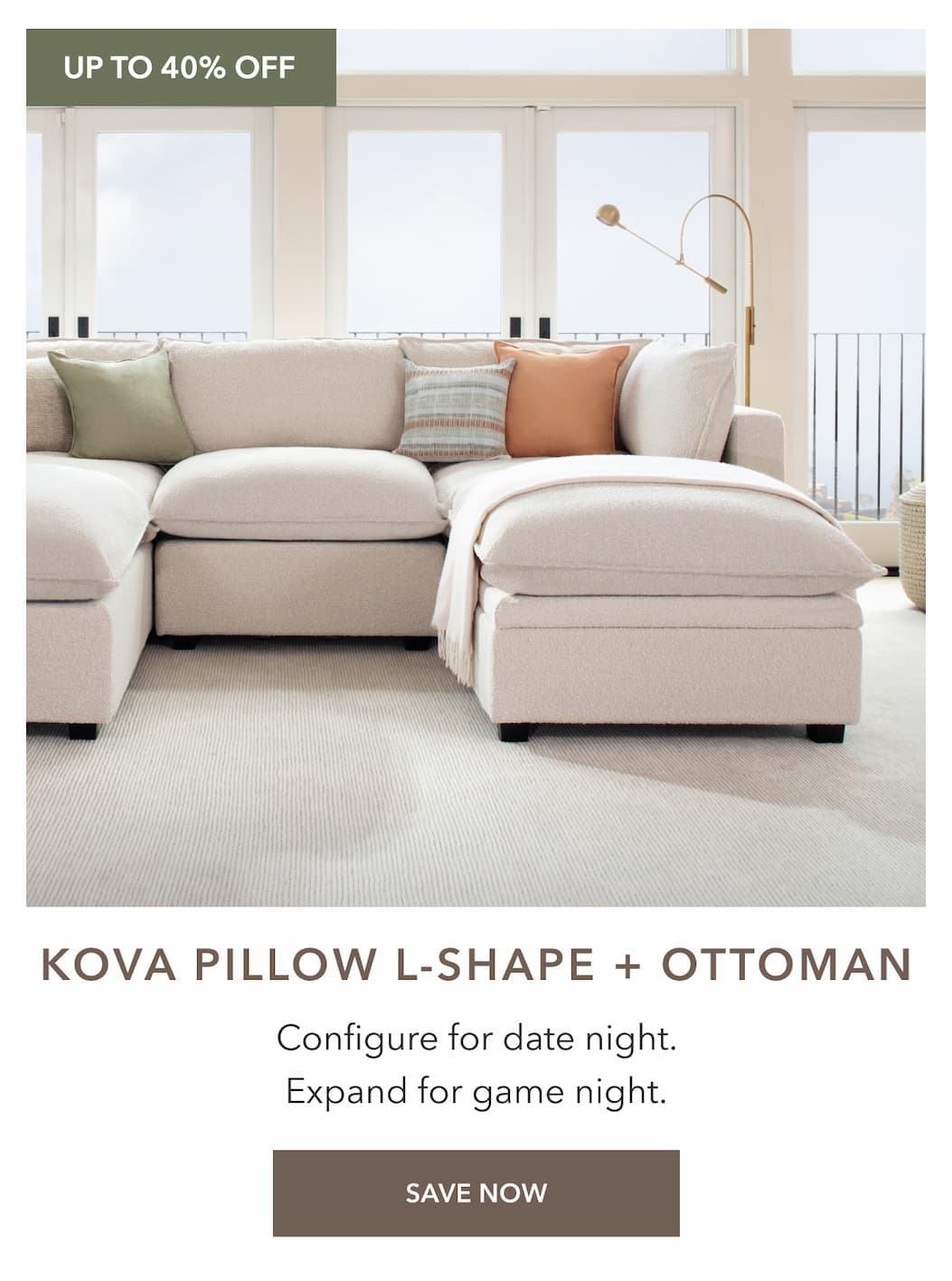 an image of a couch with pillows and a ottoman with a pillow on it