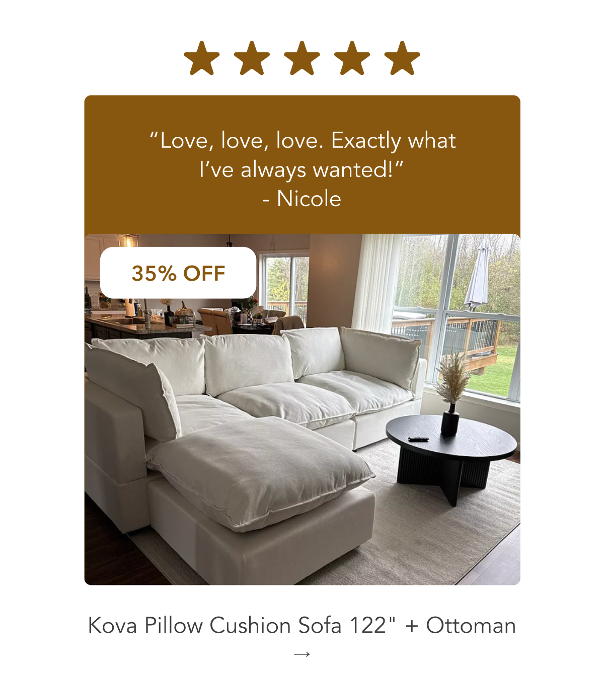 Kova Pillow Cushion Sofa 122" + Ottoman