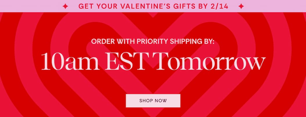 Get your Valentine's Gifts by 2/14 | Order with priority shipping by 10 AM EST tomorrow. Shop Now