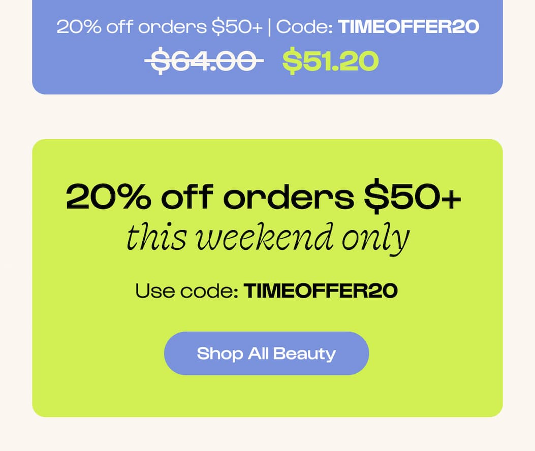Shop the site. 20% off sitewide. Code TIMEOFFER20 +50$