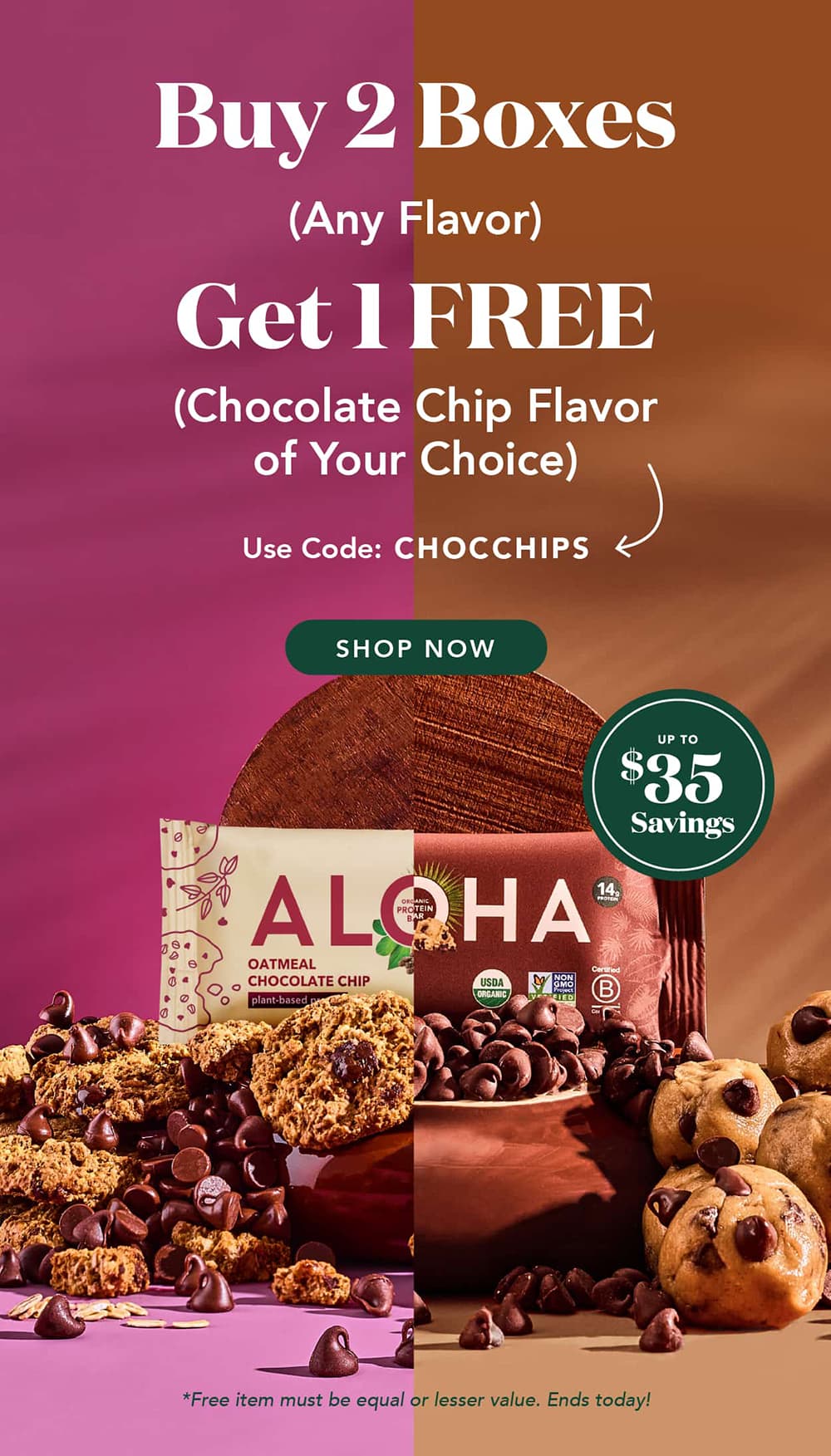 Buy 2 boxes (any flavor), get 1 Chocolate Chip flavor of your choice FREE! Use code CHOCCHIPS.