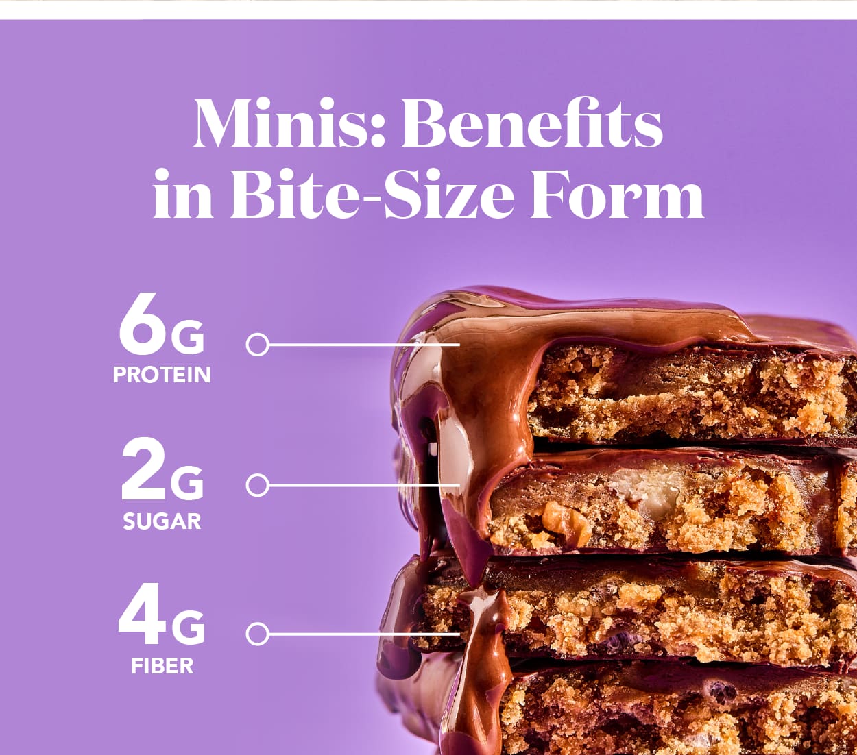 Minis: Benefits in bite-size form! 6g protein, 2g protein, 4g fiber