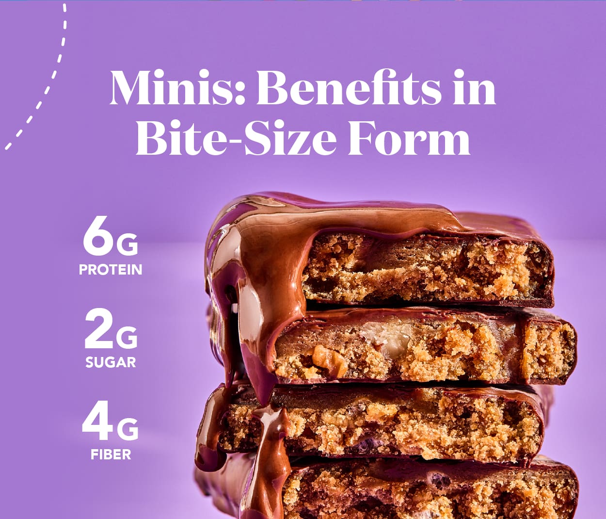 Minis: benefits in bite-size form! 6g protein, 2g sugar, 4g fiber!